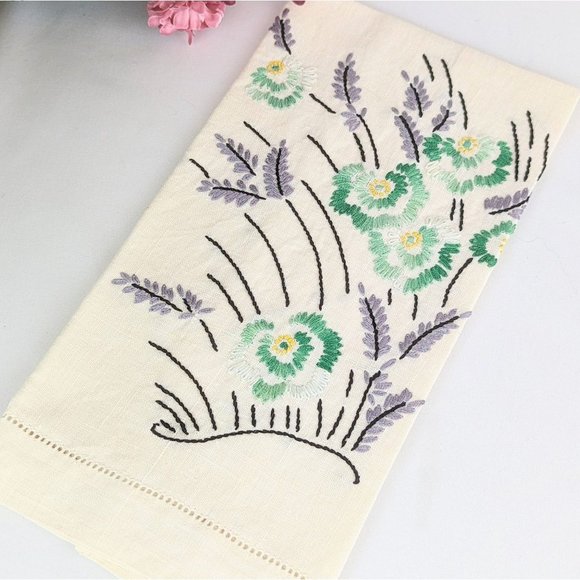 Teal Flowers Lavender Hand Embroidered Linen Dish Towel Vtg Floral Embroidery - Picture 1 of 9